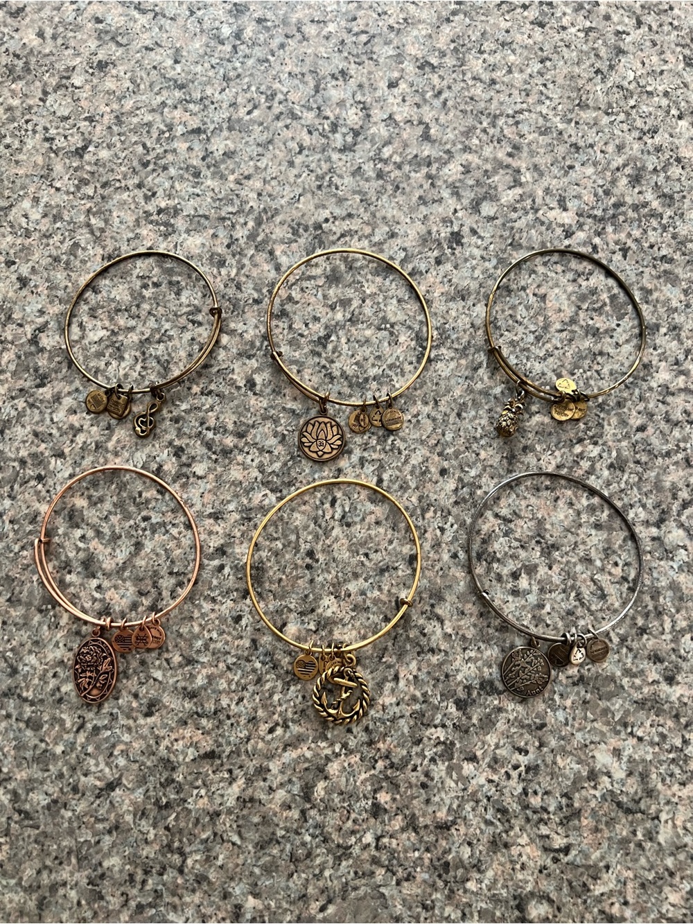 Alex and Ani 6 Mixed Metal Charm Bangle Bracelet Set — Gold, Rose Gold, Silver